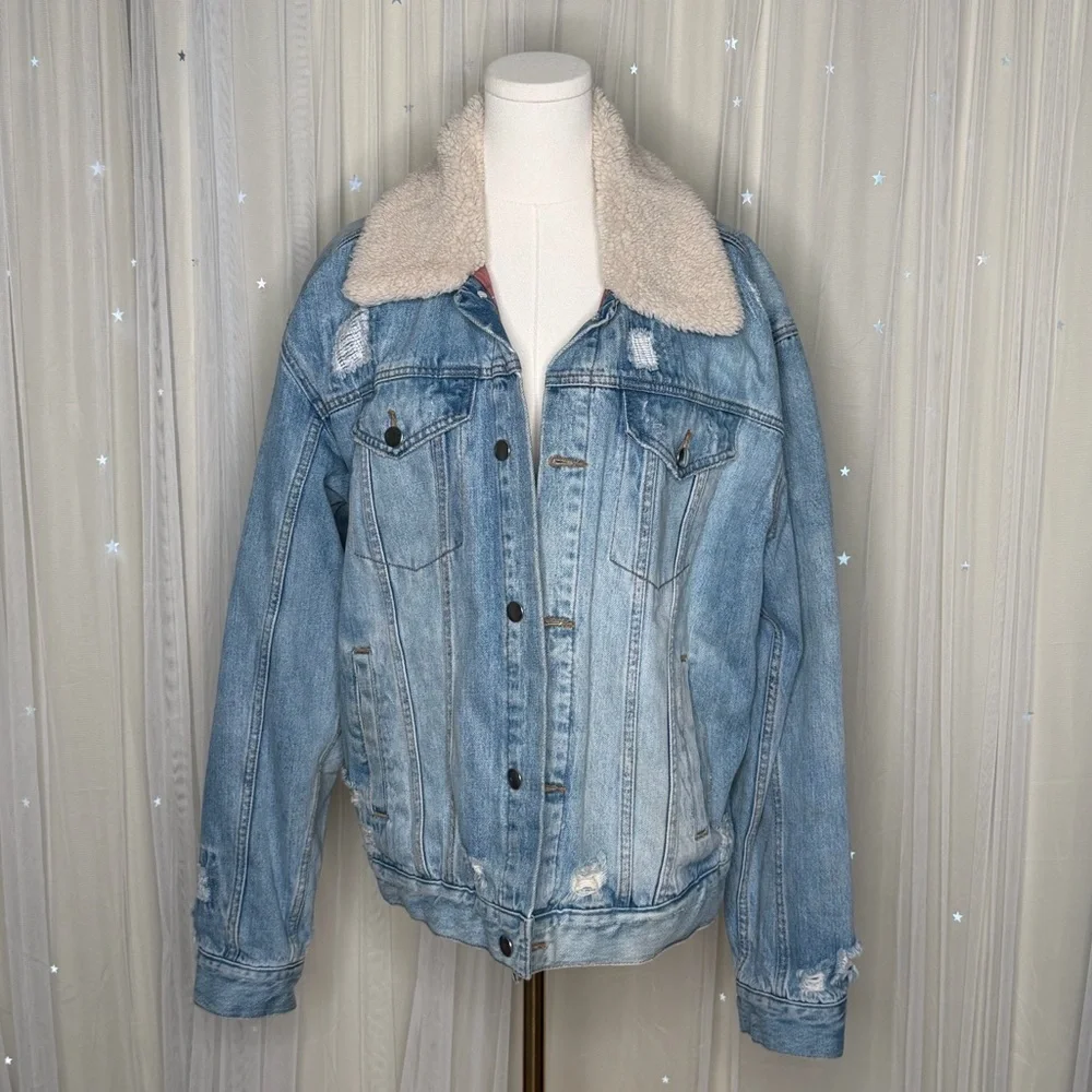 Free People Plaid Lined Denim Sherpa Collar Trucker Oversized Jacket *Flawed - Picture 2 of 9